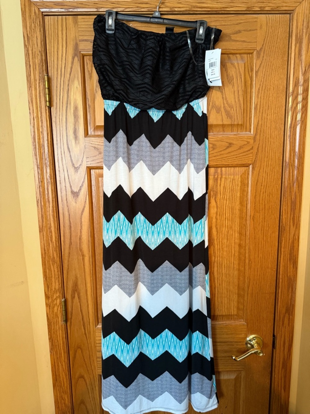 Black Strapless Chevron Maxi Dress with Aqua Accents